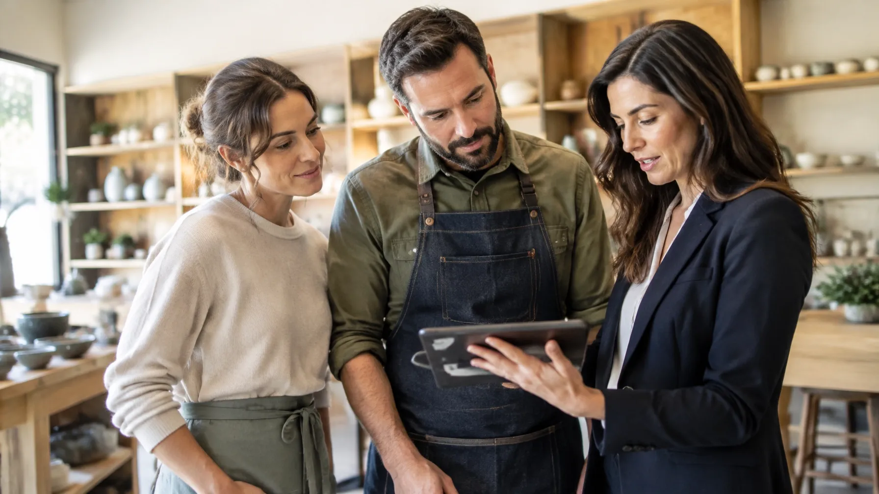 Business owners reviewing plans with an advisor in their shop