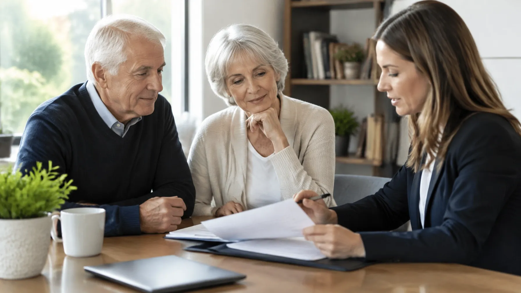 An older couple reviewing estate planning documents with an advisor