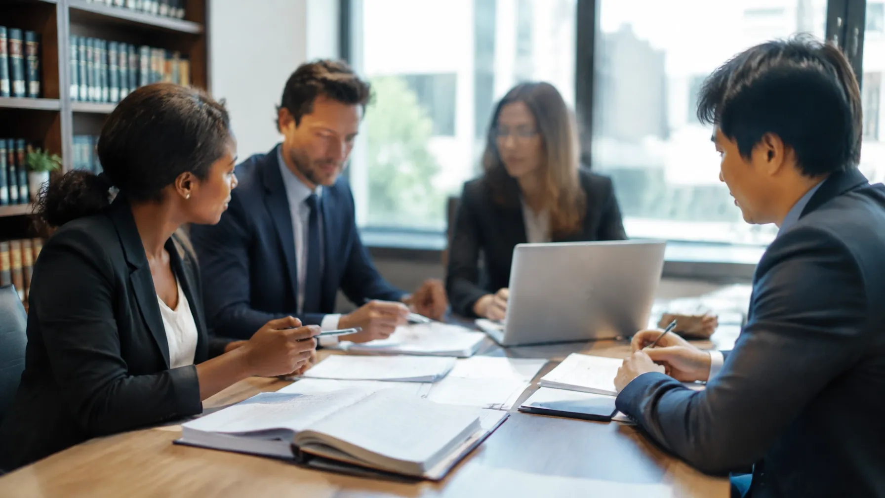 A small team collaborating in a bright office