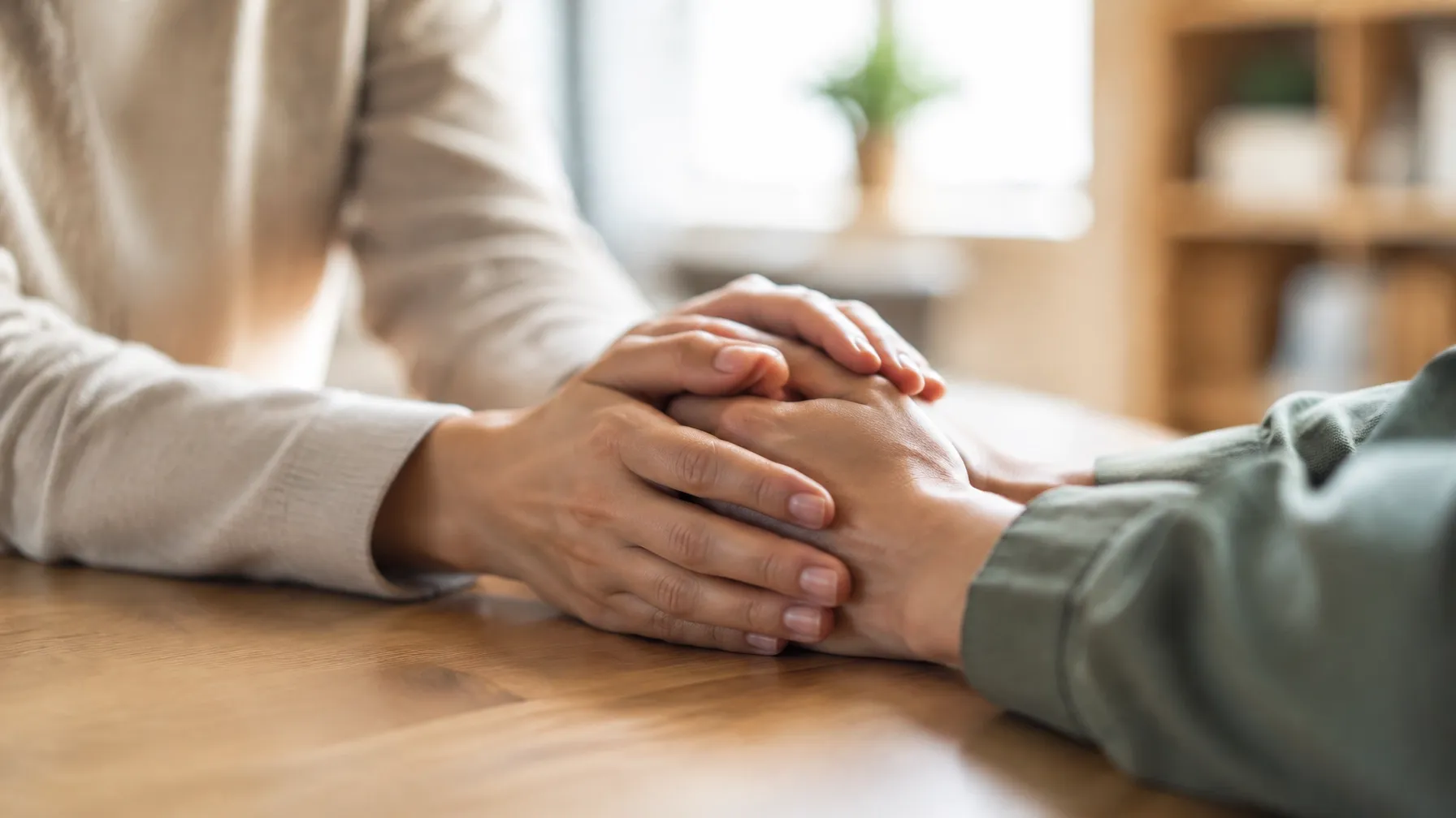 A compassionate hands-holding moment during a consultation