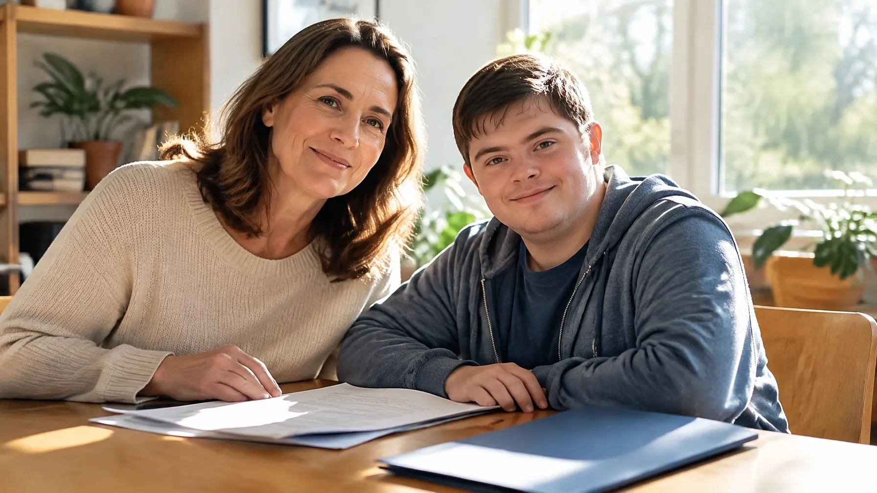 A parent and adult child with disabilities together at home